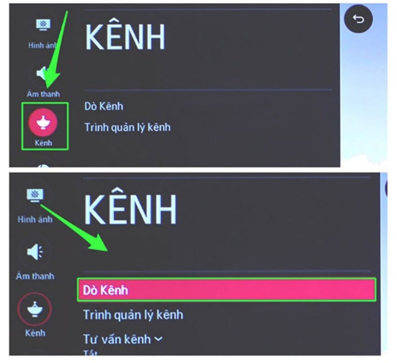 Nhấn vào Kênh và chọn Dò kênh